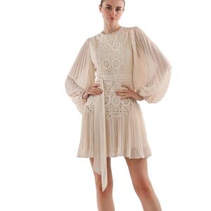 Pleated Lace-Front Mini Dress with Self-Tie Belt in Cream